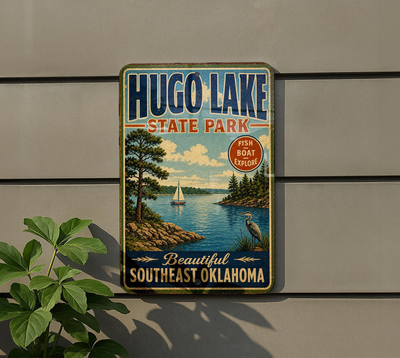A vintage-style sign for Hugo Lake State Park, featuring a scenic image of a lake, a sailboat, and a bird, along with the text "Beautiful Southeast Oklahoma" and "FISH BOAT EXPLORE".