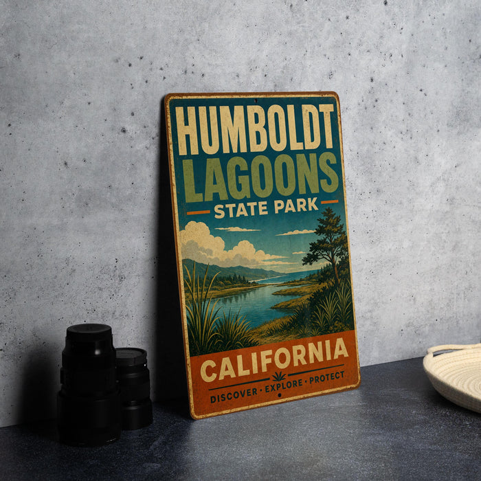 A vintage-style metal sign for Humbolt Lagoon State Park in California, featuring a scenic landscape with a lake and mountains.