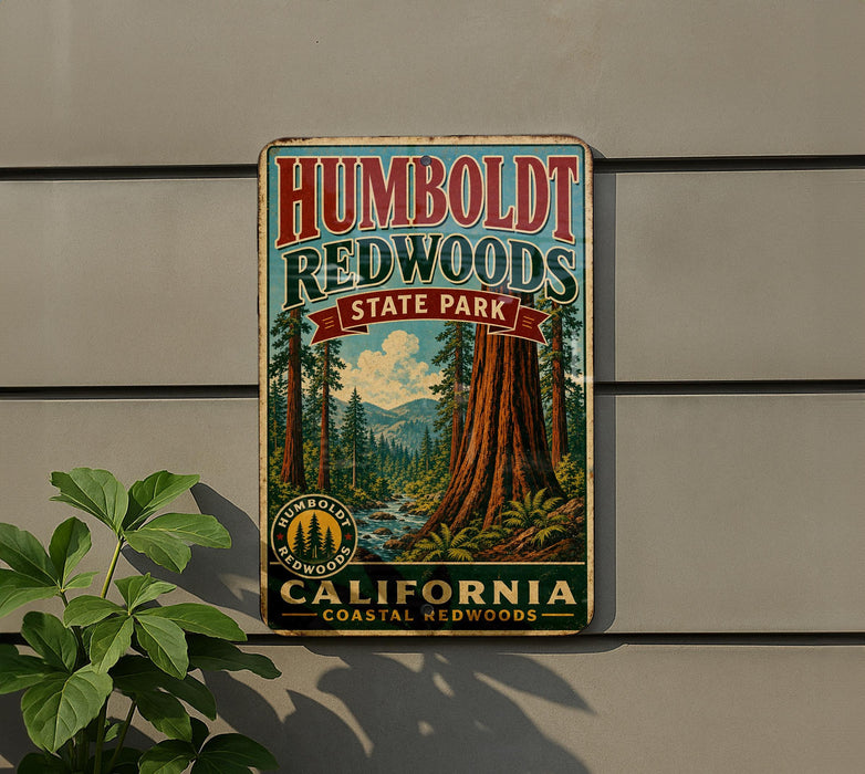 A vintage-style metal sign for Humboldt Redwoods State Park in California, featuring a scenic illustration of the park's iconic redwood trees and a river.