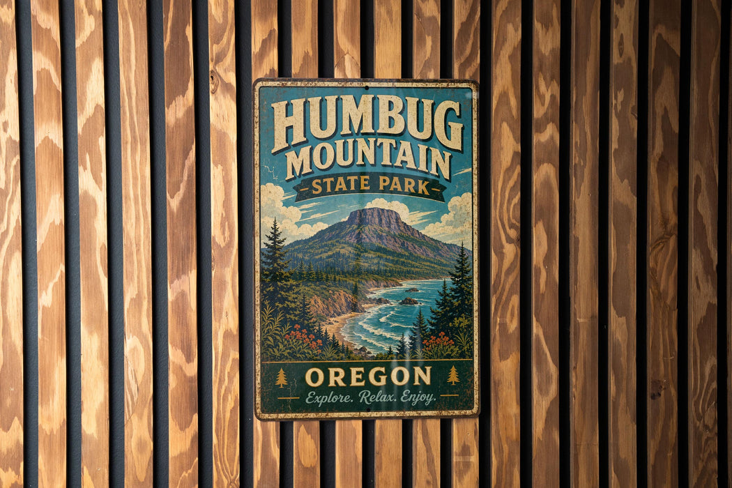 A vintage metal sign for Humbug Mountain State Park, featuring a scenic mountain landscape with a river and pine trees.