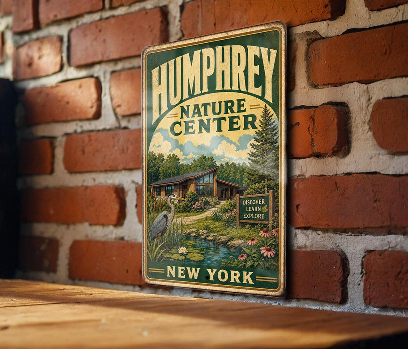 A vintage-style metal sign for the Humphrey Nature Center in New York, featuring a scenic landscape with a pond, trees, and a bird.
