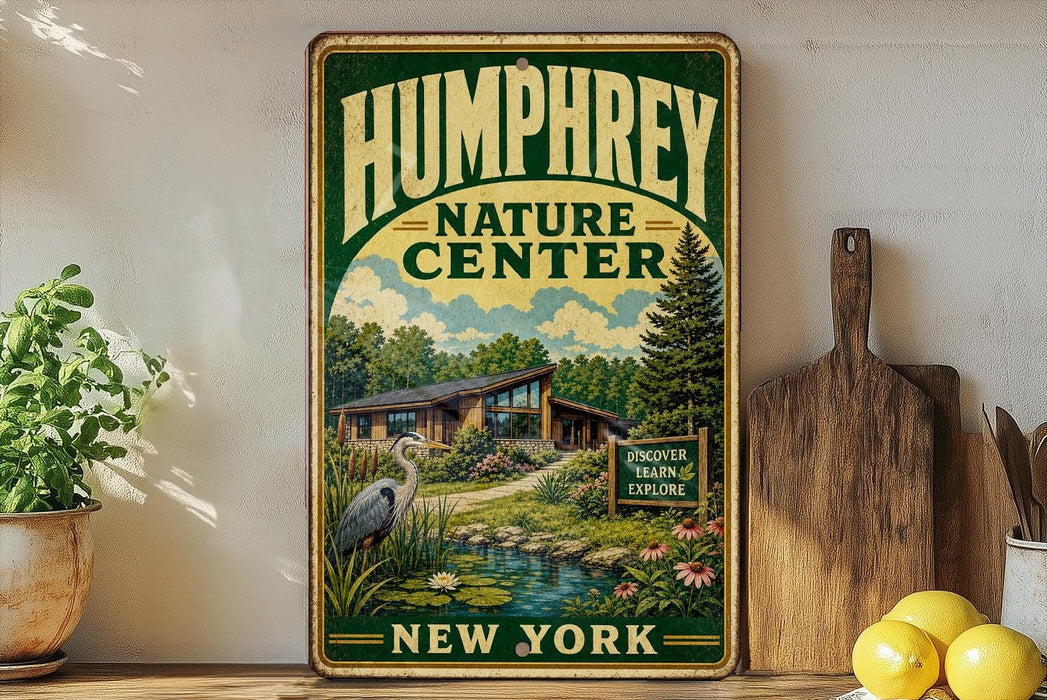 A vintage-style metal sign for the Humfrey Nature Center in New York, featuring an illustration of a pond, a bird, and a wooden cabin surrounded by trees.