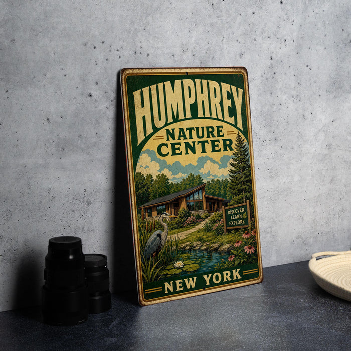 A vintage-style metal sign for the Humphrey Nature Center in New York, featuring an illustration of a cabin surrounded by nature.