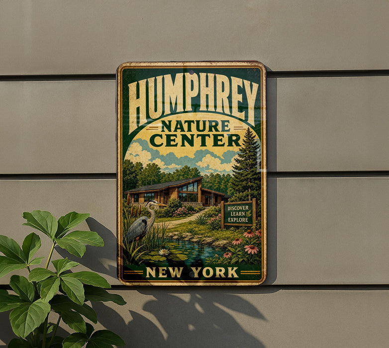 A vintage-style metal sign for the Humphrey Nature Center in New York, featuring an illustration of a pond, trees, and a bird.