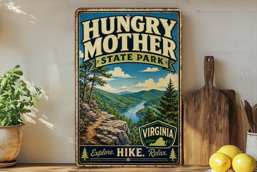A vintage-style metal sign for Hungry Mother State Park, featuring a scenic mountain landscape with a winding river and pine trees.