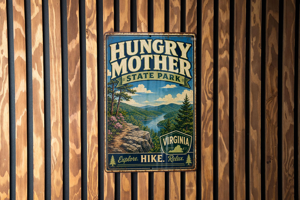 A vintage metal sign for Hungry Mother State Park, featuring a scenic mountain landscape with a river and pine trees.