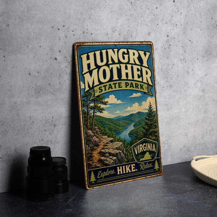A vintage-style metal sign for Hungry Mother State Park in Virginia, featuring a scenic mountain landscape and the text "Explore Hike. Relax."