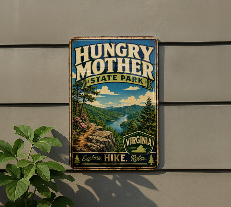 A vintage-style metal sign for Hungry Mother State Park, featuring a scenic mountain landscape with a river and pine trees.