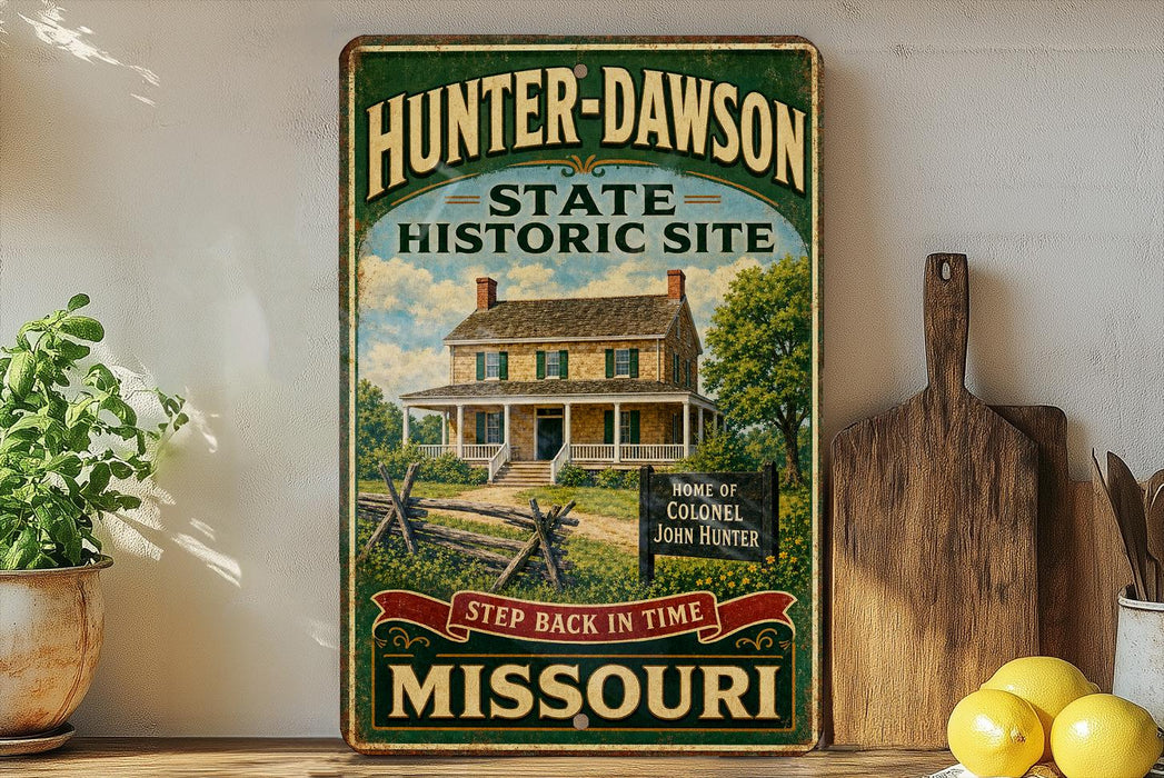 A vintage-style sign for the Hunter-Dawson State Historic Site in Missouri, featuring a house and a wooden sign with text.