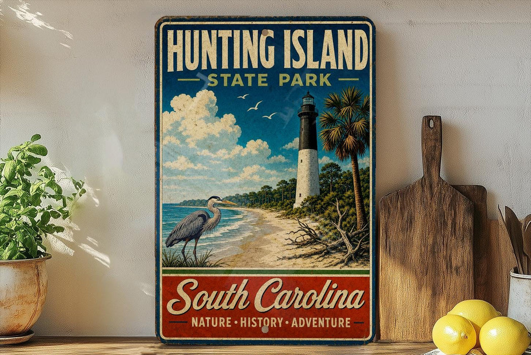 A vintage-style metal sign for Hunting Island State Park, featuring a lighthouse, beach, and birds, is displayed on a shelf next to a wooden cutting board and some lemons.