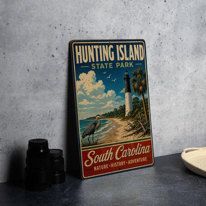 A vintage-style metal sign for Hunting Island State Park, featuring a lighthouse, beach, and birds, is displayed on a gray concrete surface.
