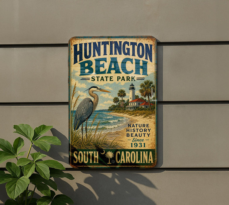 A vintage metal sign for Huntington Beach State Park, featuring a seagull and a lighthouse, is displayed on a wall.