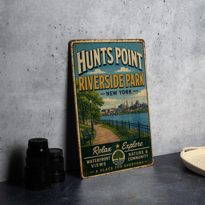 A vintage-style sign for "Hunts Point Riverside Park" in New York, featuring a scenic image of the park and the city skyline.