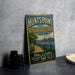 A vintage-style sign for "Hunts Point Riverside Park" in New York, featuring a scenic image of the park and the city skyline.