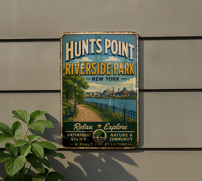 A vintage-style metal sign for Hunts Point Riverside Park in New York, featuring a scenic image of the park and its surroundings.