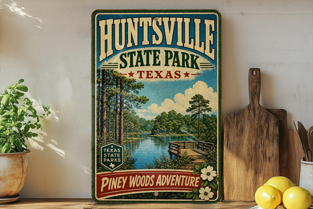 A vintage-style metal sign for the state park called "Huntsville State Park" in Texas, featuring a scenic landscape with a lake, bridge, and pine trees.