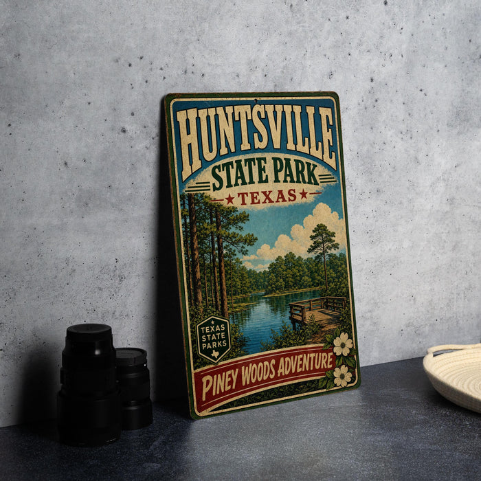 A vintage-style metal sign for the state park called "Huntsville State Park, Texas" with a scenic image of a lake and pine trees.
