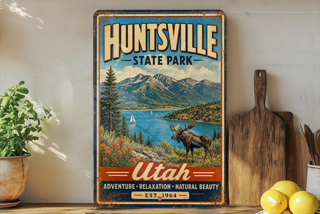 A vintage-style metal sign for Huntsville State Park in Utah, featuring a moose and a scenic mountain landscape.