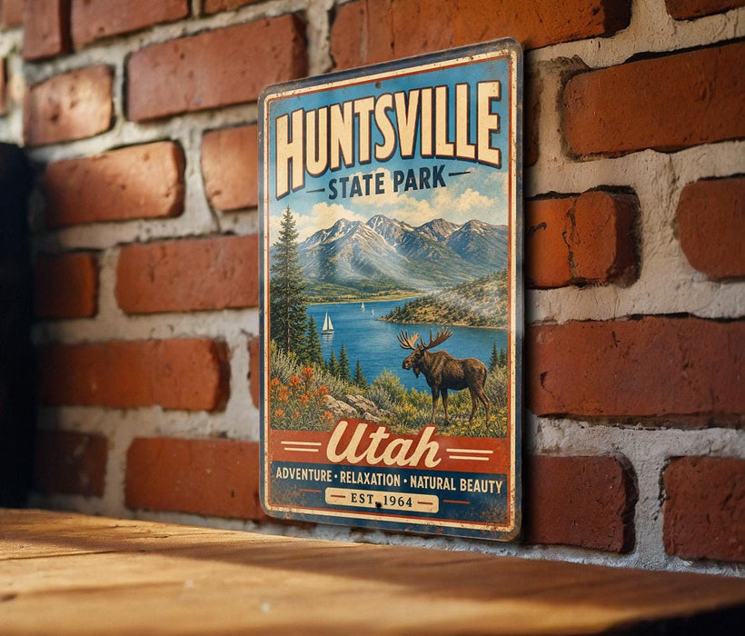 A vintage metal sign for Huntsville State Park, featuring a moose and a scenic mountain landscape.