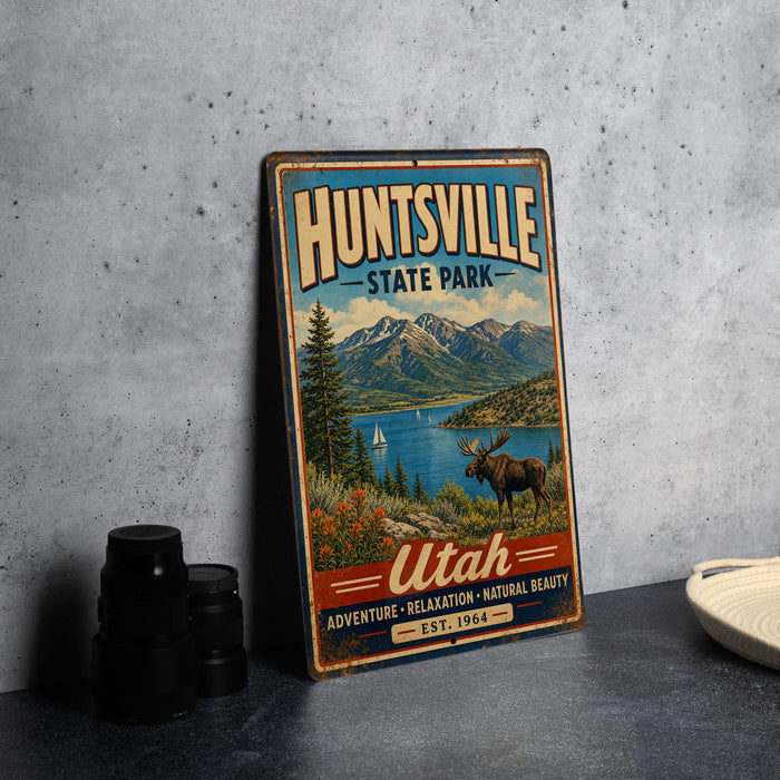 A vintage metal sign for Huntsville State Park in Utah, featuring a scenic landscape with mountains, a moose, and a lake.