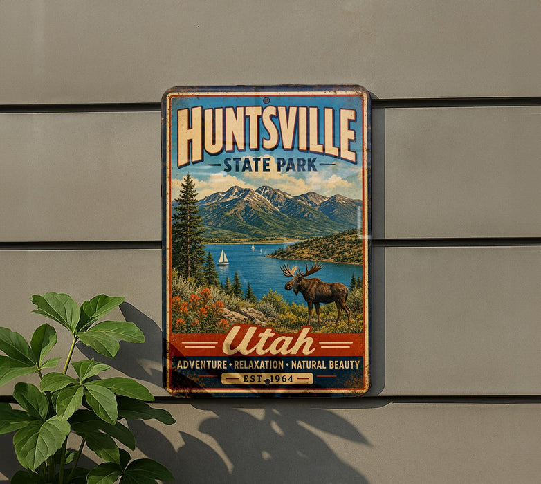 A vintage metal sign for Huntsville State Park, featuring a scenic landscape with mountains, a moose, and a lake.
