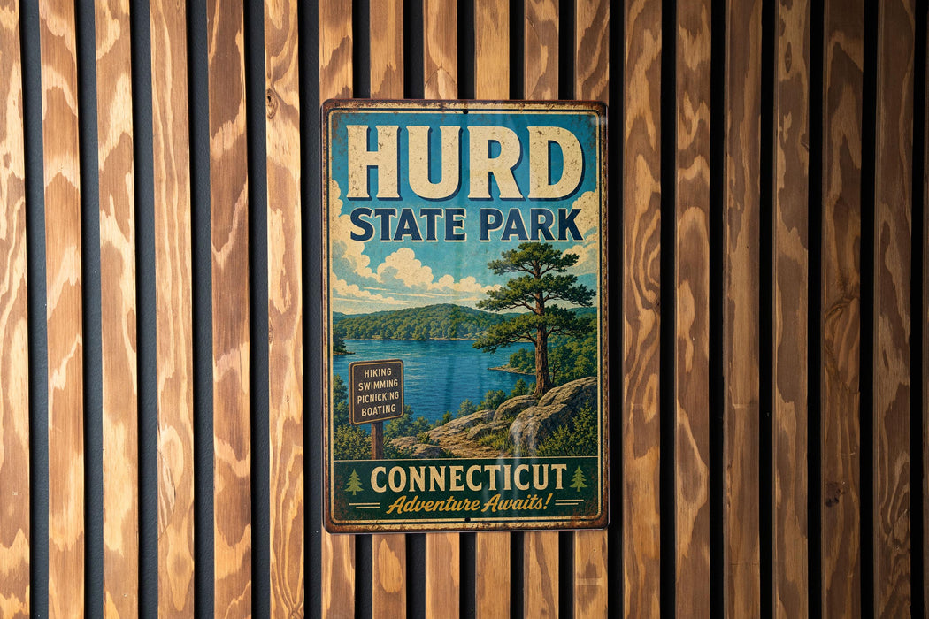 A vintage metal sign for Hurd State Park, featuring a scenic landscape with a lake, mountains, and pine trees.