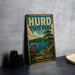 A vintage metal sign for Hurd State Park in Connecticut, featuring a scenic landscape with a lake and mountains.