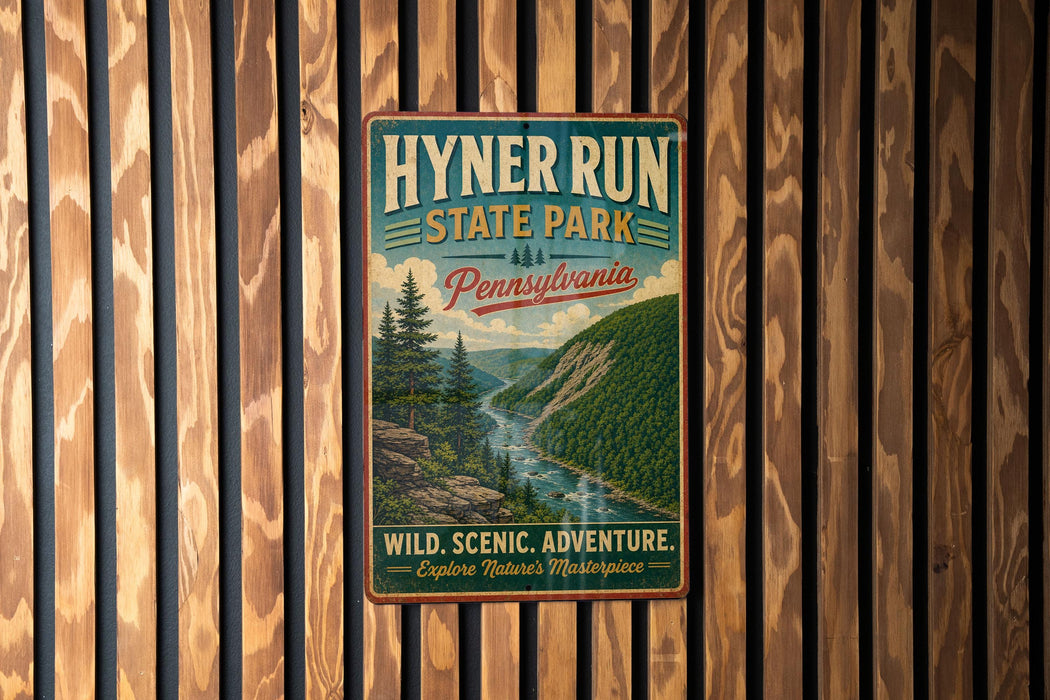 A vintage-style metal sign for Hyner Run State Park in Pennsylvania, featuring a scenic mountain landscape with a river.