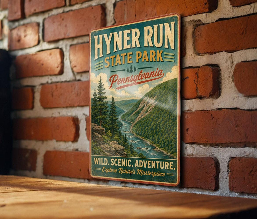 A vintage-style metal sign for Hyner Run State Park in Pennsylvania, featuring a scenic mountain landscape with a river.