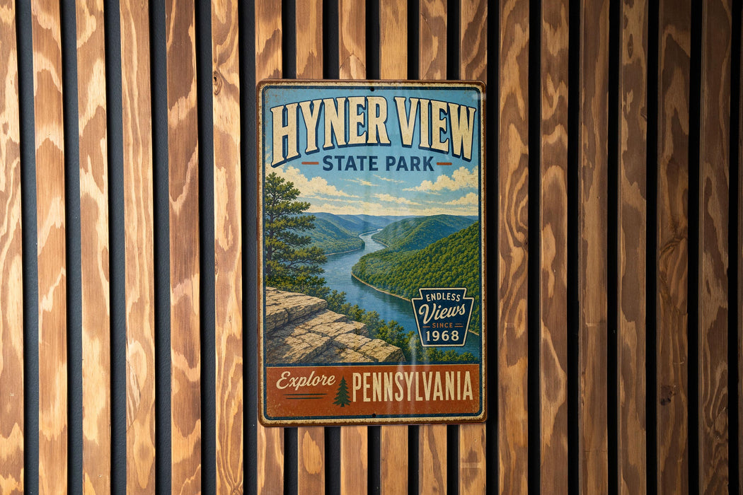 A vintage-style metal sign for Hyrver View State Park in Pennsylvania, featuring a scenic mountain landscape with a river.