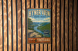 A vintage-style metal sign for Hyrver View State Park in Pennsylvania, featuring a scenic mountain landscape with a river.