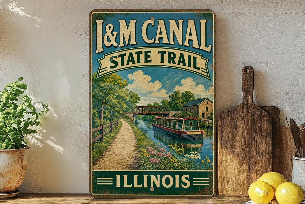 A vintage-style sign for the Illinois State Trail, featuring a scenic illustration of a canal and a bridge, with the text "I&M Canal State Trail" and "Illinois" below.