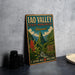 A vintage-style metal sign for the Iao Valley State Monument in Hawaii, featuring a mountainous landscape with a waterfall and tropical flora.