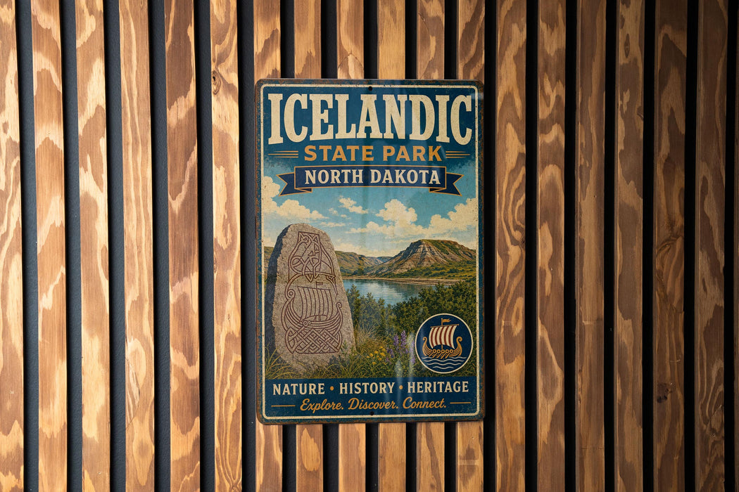 A vintage-style sign for Icelandic State Park in North Dakota, featuring a scenic landscape with mountains, water, and a Viking ship.