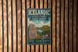 A vintage-style sign for Icelandic State Park in North Dakota, featuring a scenic landscape with mountains, water, and a Viking ship.