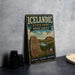 A vintage-style metal sign for Iceland State Park, North Dakota, featuring a scenic landscape with mountains, water, and a Viking ship.