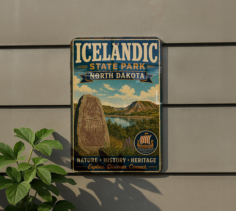 A vintage-style sign for Iceland State Park in North Dakota, featuring a scenic landscape with mountains, water, and a Viking ship.