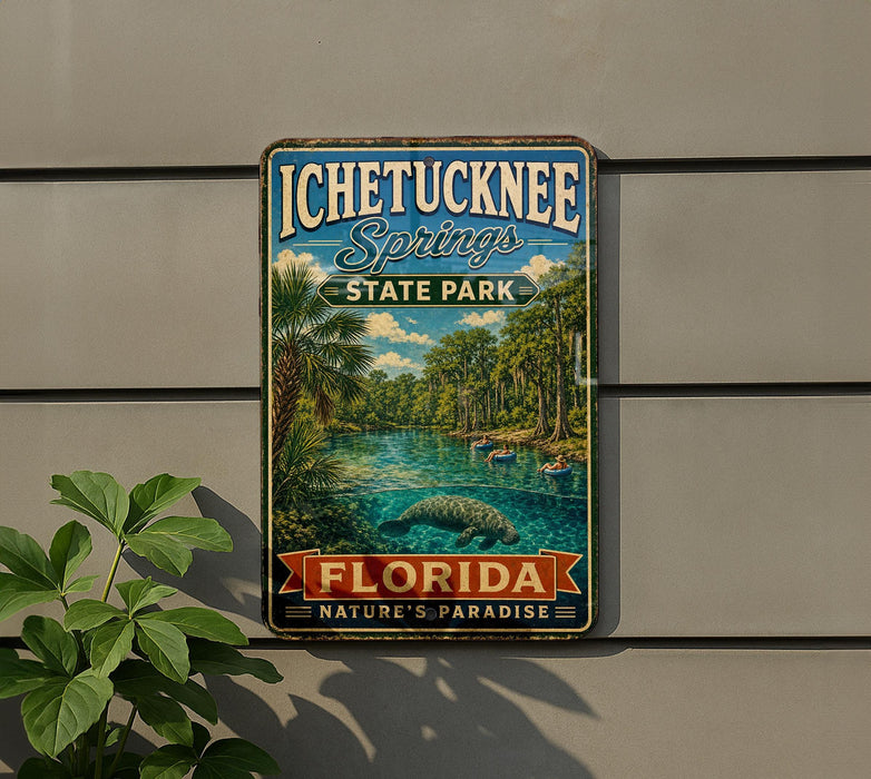 A vintage-style metal sign for Ichetucknee Springs State Park in Florida, featuring a scenic image of the springs surrounded by palm trees and a manatee.