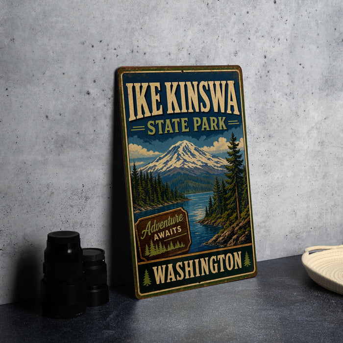 A vintage-style metal sign for Ike Kinswa State Park in Washington, featuring a mountain landscape and the text "Adventure Awaits" in a vintage-inspired design.