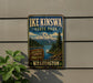 A vintage-style metal sign for Ike Kinswa State Park in Washington, featuring a mountain landscape and a river.