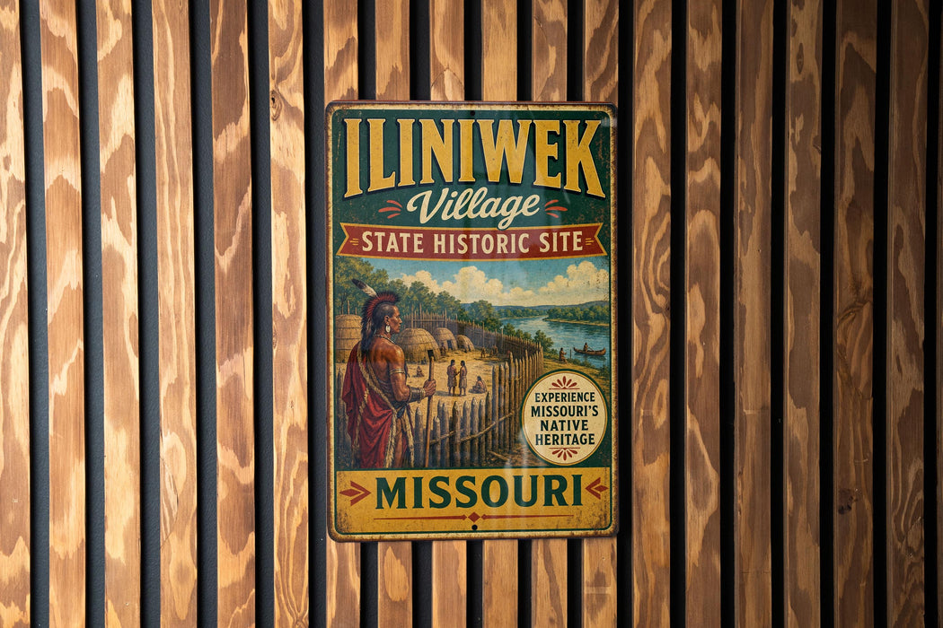 A vintage metal sign for the Iliniwek Village State Historic Site in Missouri, featuring a colorful illustration of a Native American village.