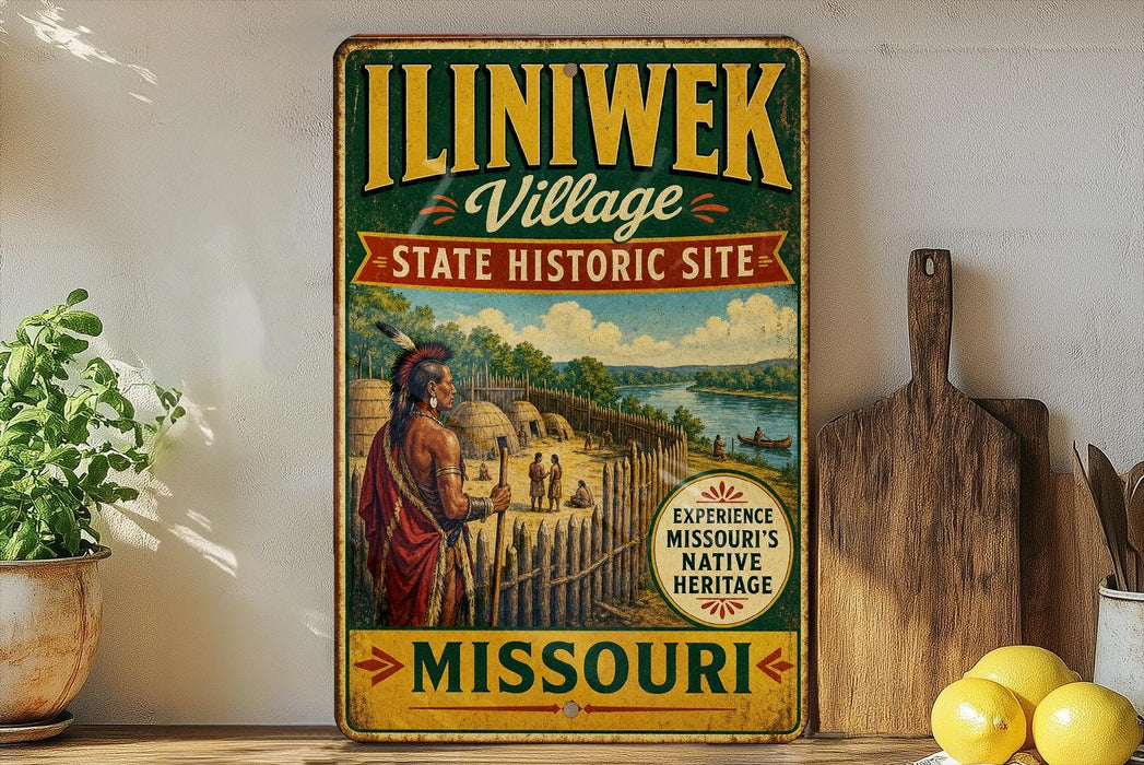 A vintage-style metal sign for the "ILINIWAK Village" in Missouri, featuring a painting of a Native American village and the text "ILINIWAK Village State Historic Site" and "Missouri".