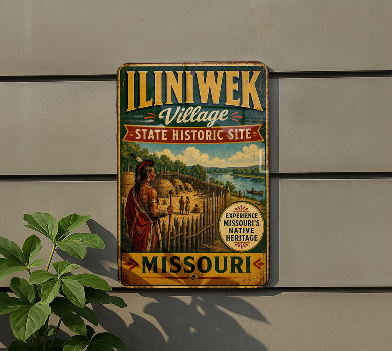A vintage-style sign for the Illinois Indian Village, which is a historic site in Missouri. The sign features an illustration of a Native American figure and includes text that describes the site as a "State Historic Site" and "Missouri's Native Heritage".