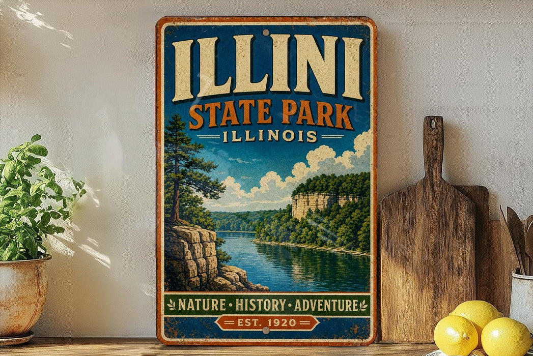 A vintage-style sign for Illini State Park in Illinois, featuring a scenic illustration of a river and forest landscape.