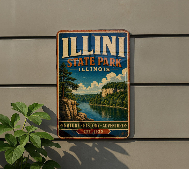 A vintage-style metal sign for Illinois State Park, featuring a scenic landscape with a river, cliffs, and trees.