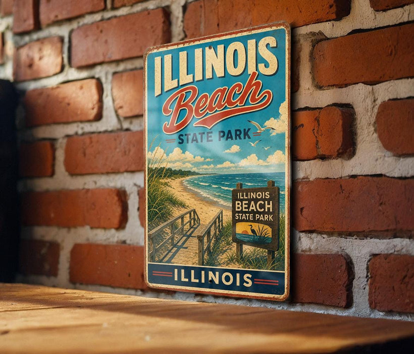 A vintage-style metal sign for Illinois Beach State Park, featuring a beach scene with a wooden walkway leading to the beach.