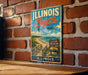 A vintage-style metal sign for Illinois Beach State Park, featuring a beach scene with a wooden walkway leading to the beach.