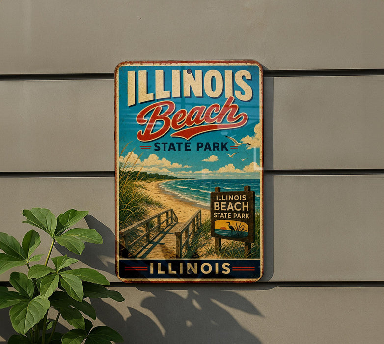 A vintage-style metal sign for Illinois Beach State Park, featuring a beach scene with a wooden walkway leading to the beach.