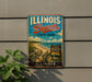 A vintage-style metal sign for Illinois Beach State Park, featuring a beach scene with a wooden walkway leading to the beach.