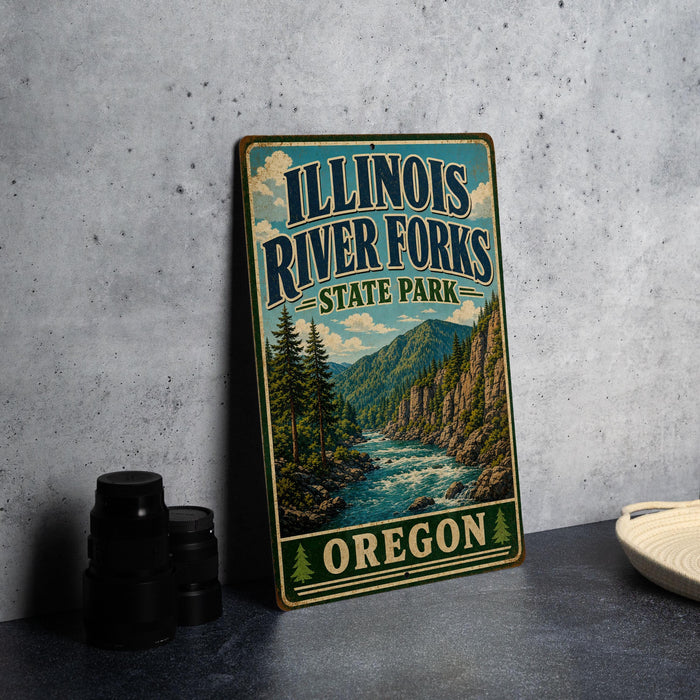 A vintage-style sign for Illinois River Forks State Park in Oregon, featuring a scenic illustration of a river surrounded by mountains and pine trees.